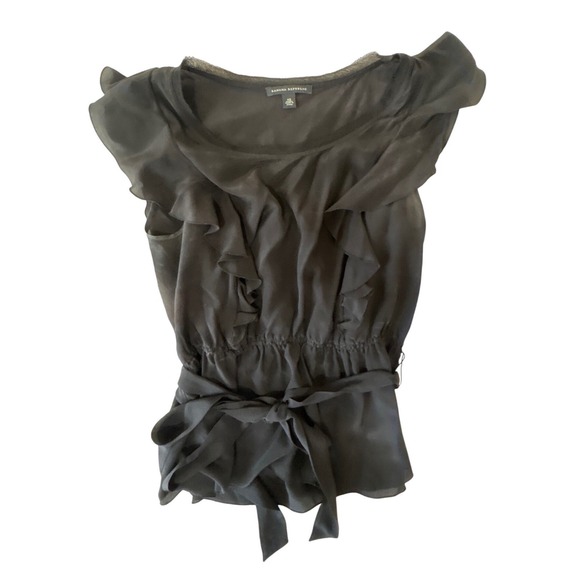Banana Republic Tops - Banana Republic Black Silk Ruffle Peplum Blouse Flutter Sleeve Tie Waist XS